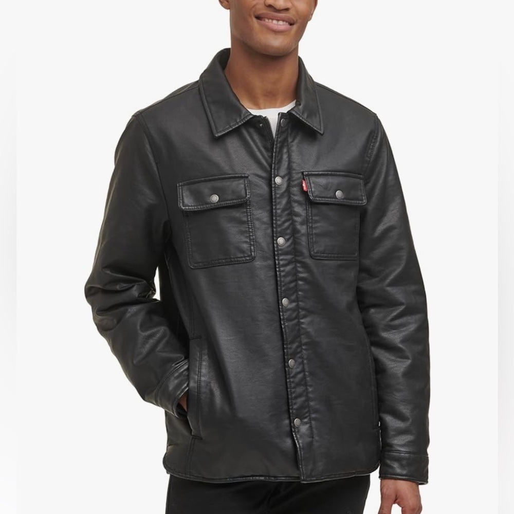 Levi's mens Buffed Cow Faux Leather Hooded Trucker Jacket S-M